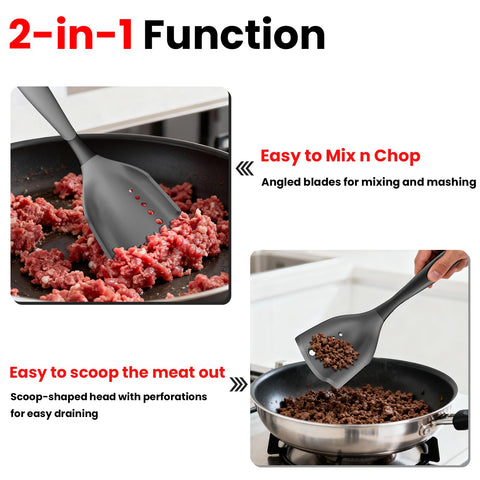Shadowgallery Meat Chopper Spatula in action demonstrates efficient chopping of ground beef.
