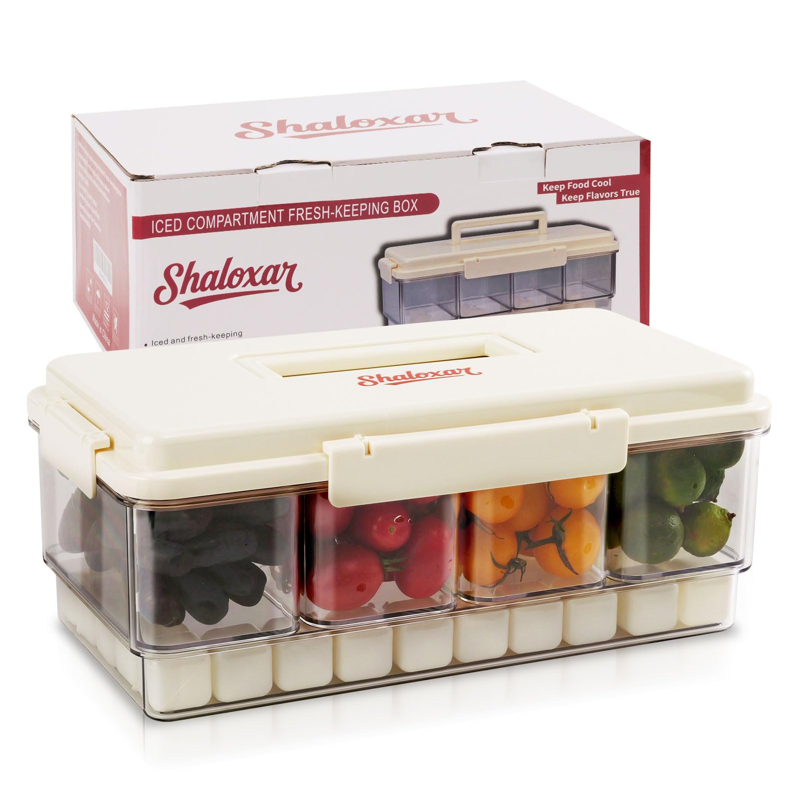 Shaloxar chilled divided tray with ice pack keeps foods cold outdoors