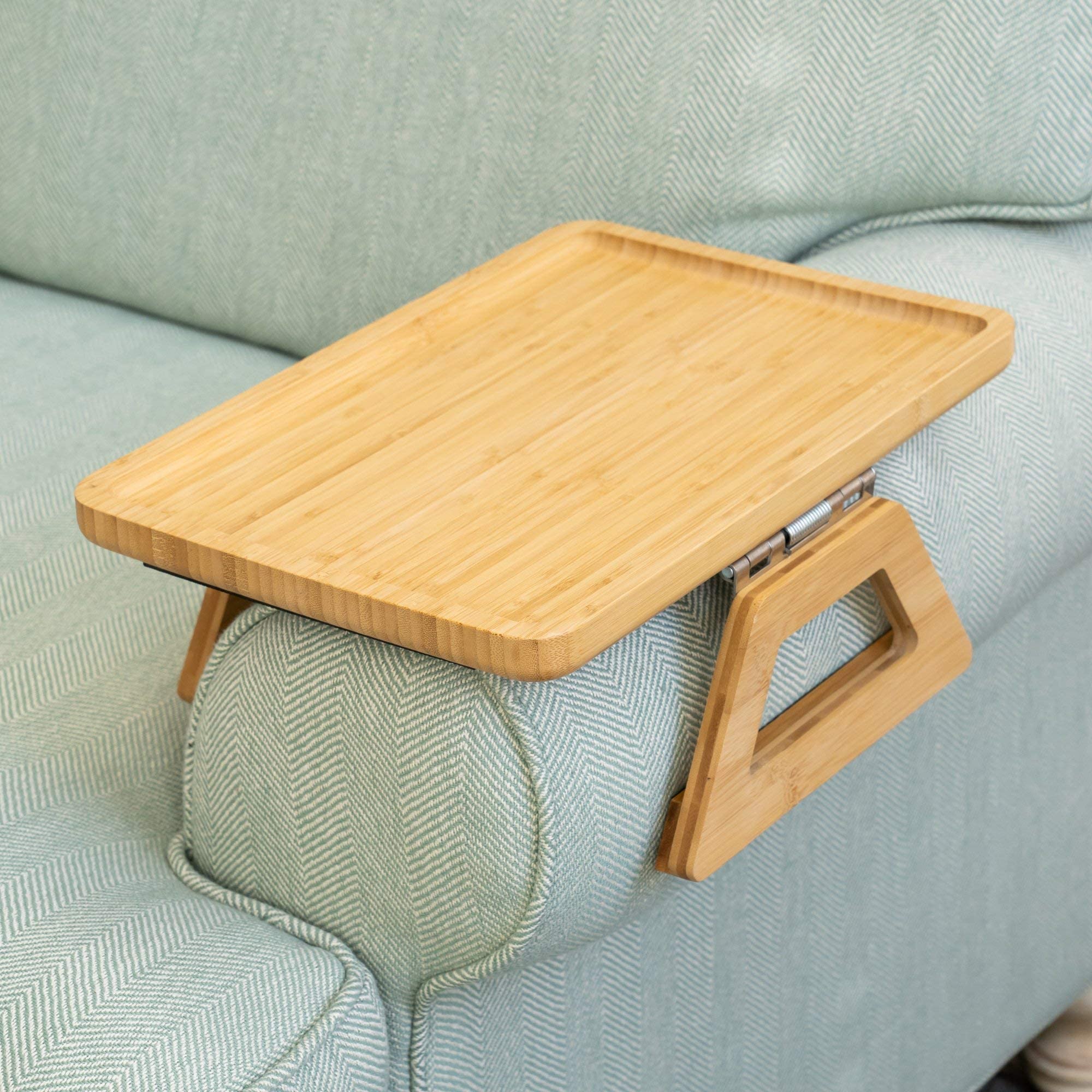 Shamrock Home Trayble clip-on couch arm table secures drinks and remotes