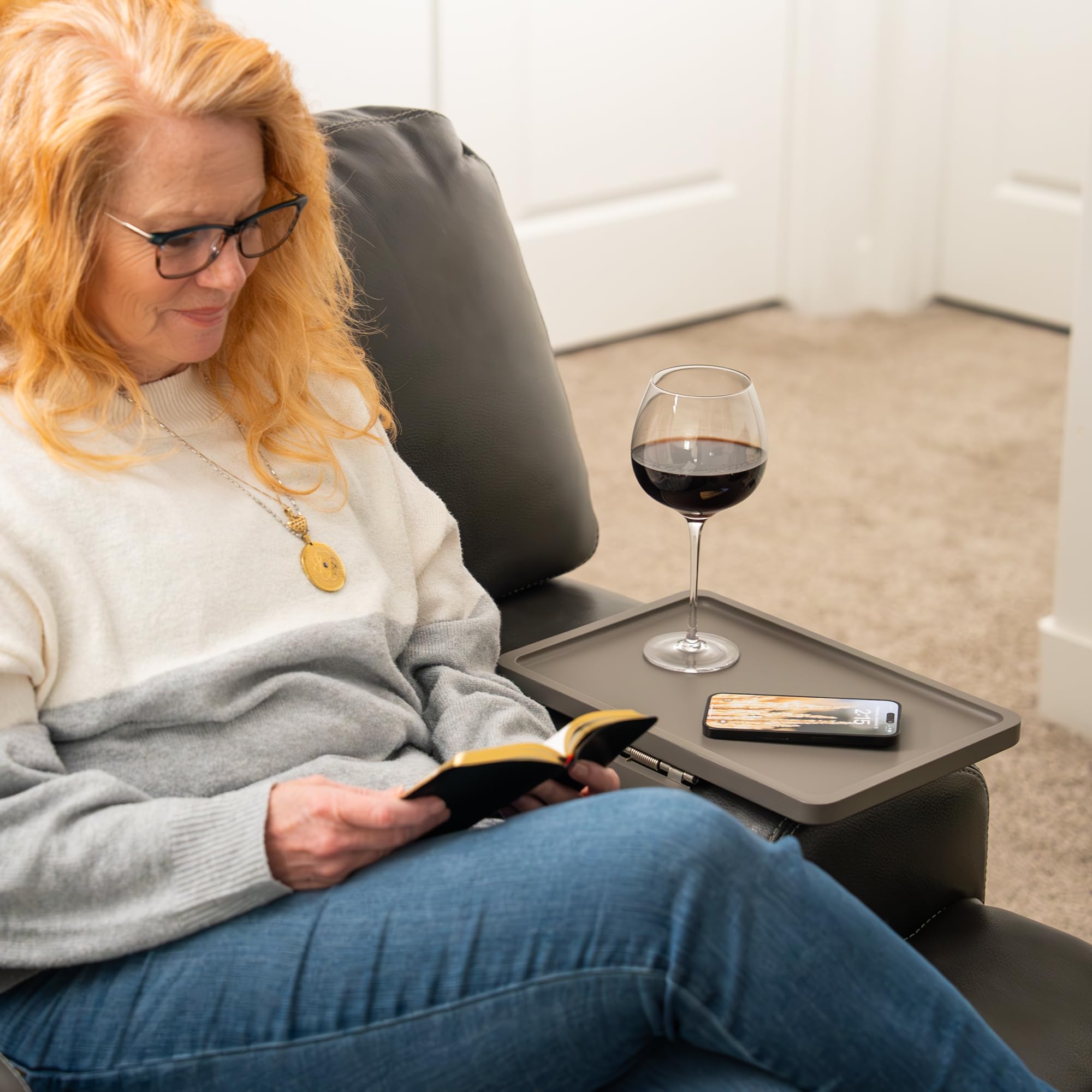 Shamrock Home Trayble used for snacks and remotes within arm's reach