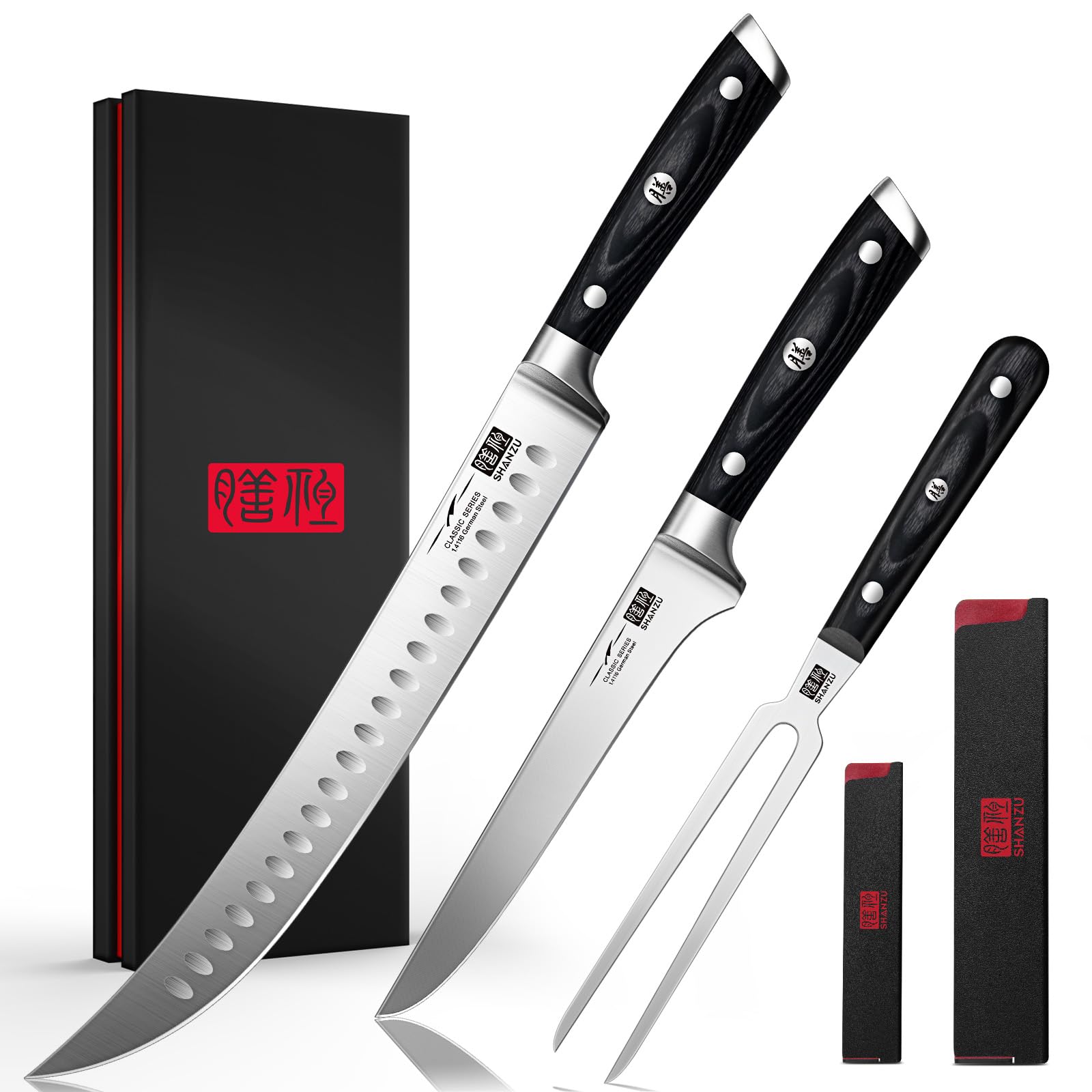 SHAN ZU 12-inch carving knife with sheath for safe, precise turkey slicing.