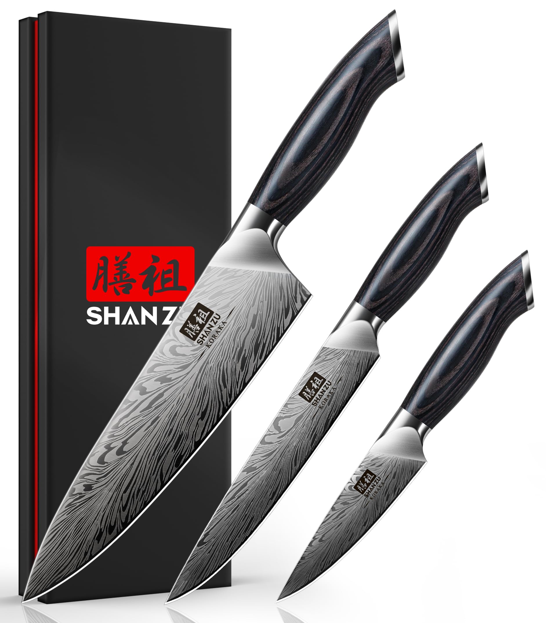 SHAN ZU 3PCS knife set chef knife blade close-up for precise slicing.