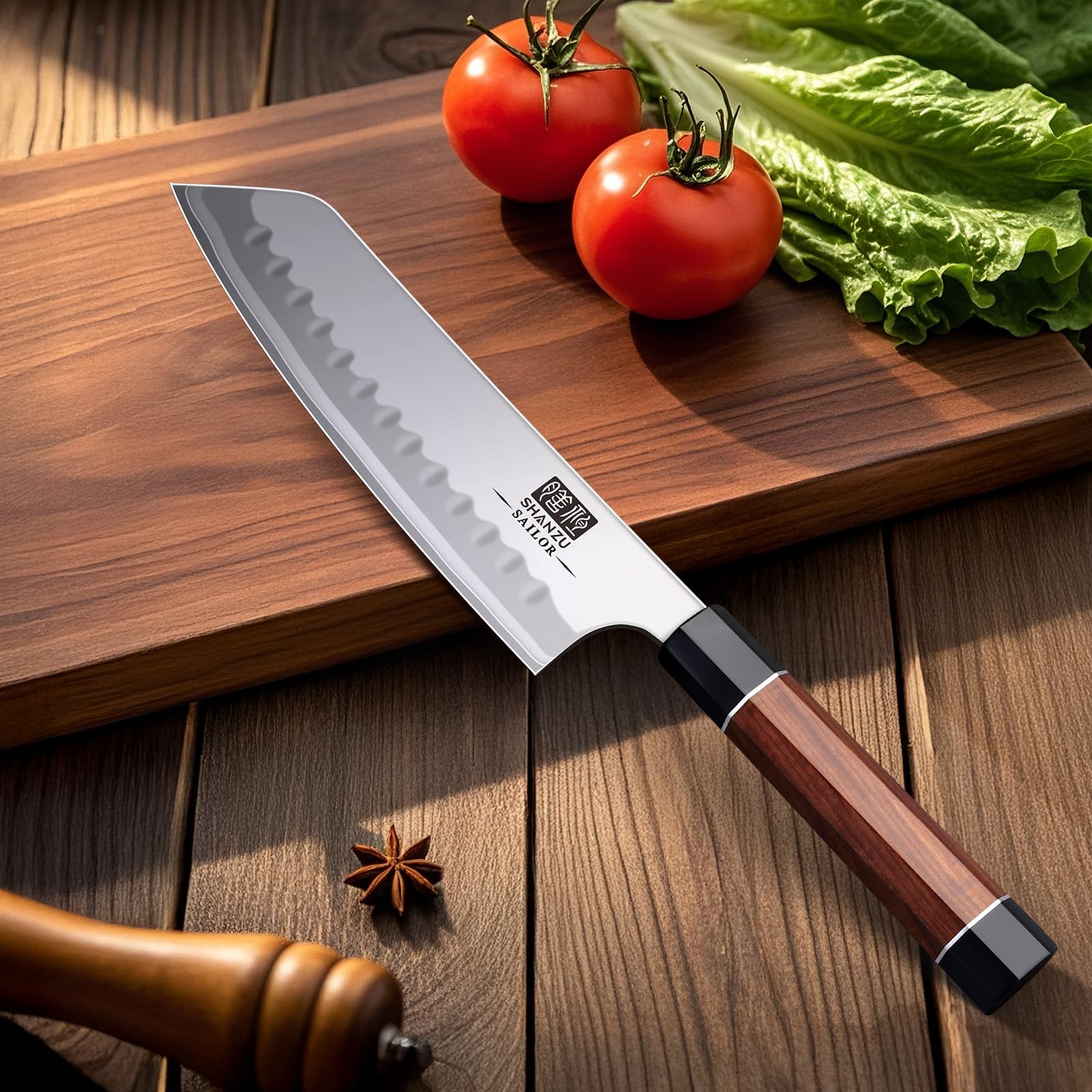 Core steel at 62 HRC and 12-degree edge on SHAN ZU knife for precise cuts.