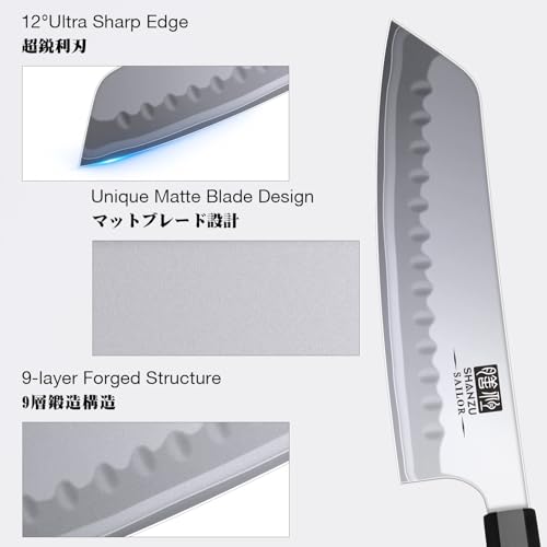 SHAN ZU knife highlighting Japanese steel core 10Cr15MoV for sharpness during chopping.