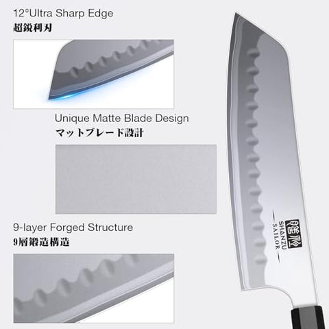 SHAN ZU knife highlighting Japanese steel core 10Cr15MoV for sharpness during chopping.