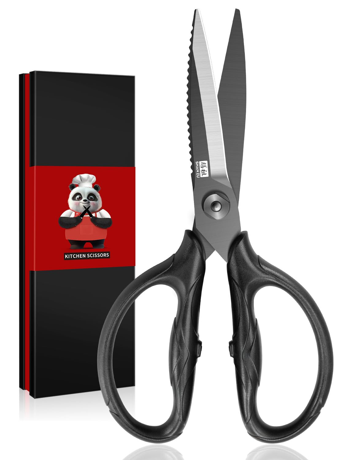 Shan Zu 8.4-inch kitchen scissors blade cutting poultry with ease.