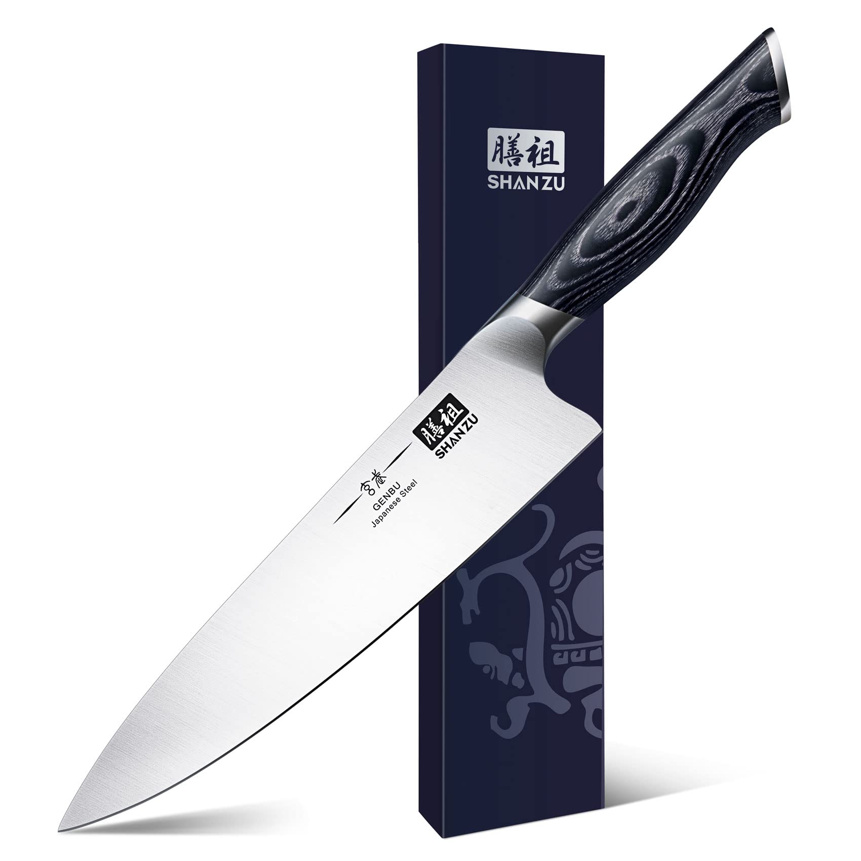 SHAN ZU 8-inch chef knife blade close-up showing razor-sharp edge for precise slicing.
