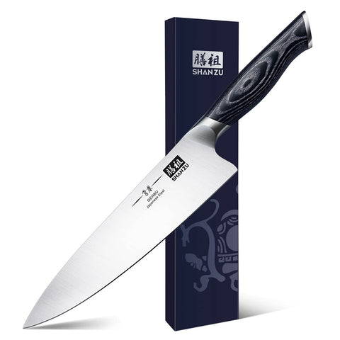SHAN ZU 8-inch chef knife blade close-up showing razor-sharp edge for precise slicing.