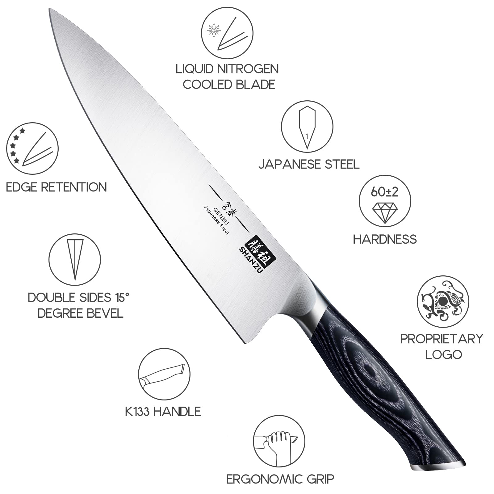 SHAN ZU 8-inch chef knife in kitchen scene, ready for versatile chopping and slicing tasks.