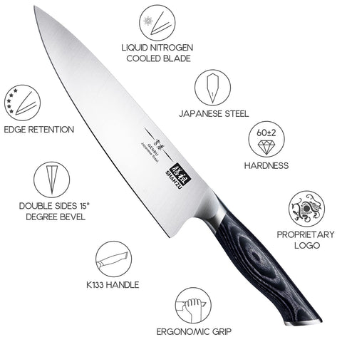 SHAN ZU 8-inch chef knife in kitchen scene, ready for versatile chopping and slicing tasks.