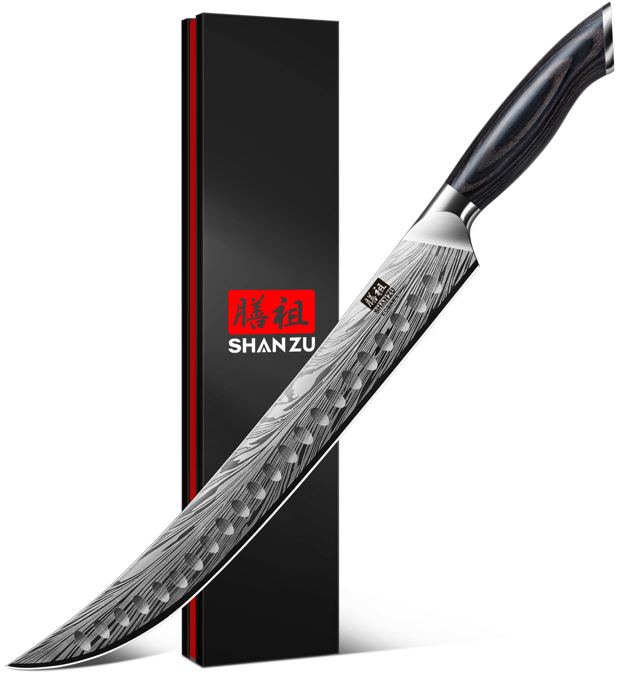 SHAN ZU 12-inch butcher knife blade close-up shows precise edge for prime cuts.