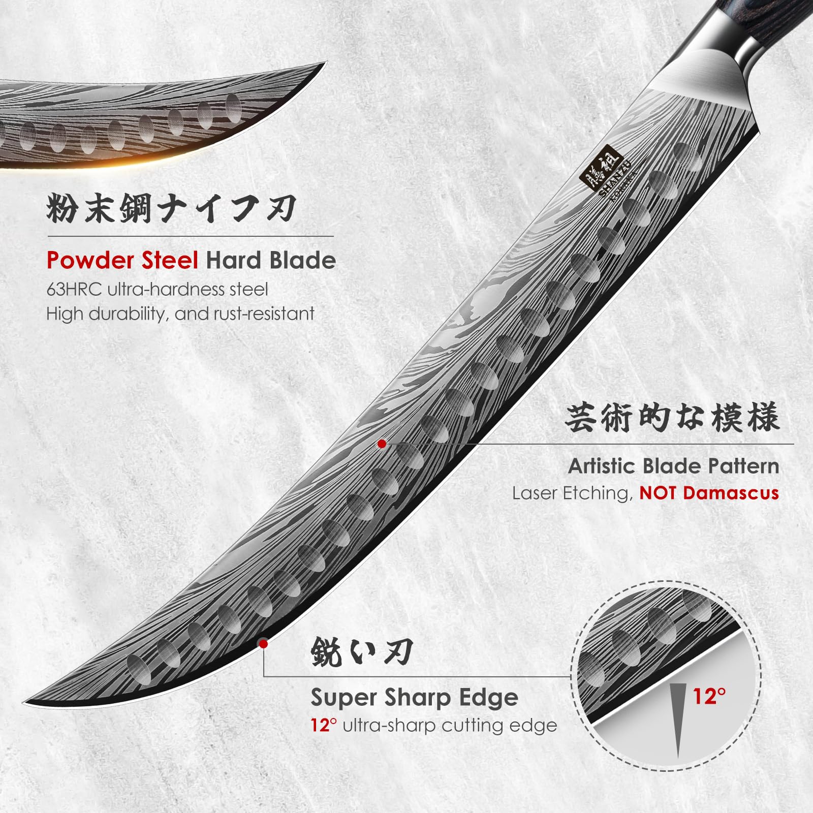 SHAN ZU butcher knife ergonomic pakkawood handle ensures comfortable trimming sessions.