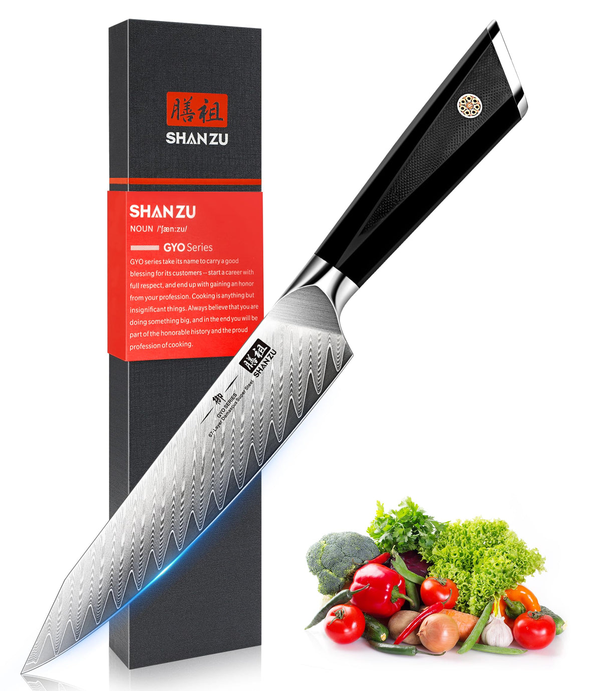 SHAN ZU Damascus chef knife 6-inch blade ready for precise slicing.