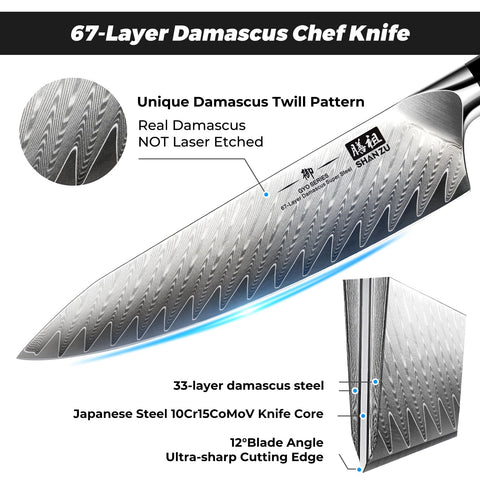 SHAN ZU Damascus chef knife with G10 handle demonstrates ergonomic grip for comfortable use.