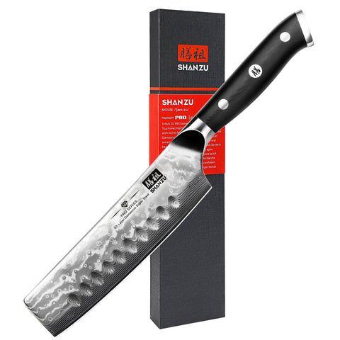 SHAN ZU Damascus knife blade close-up reveals real 67-layer pattern and sharp edge