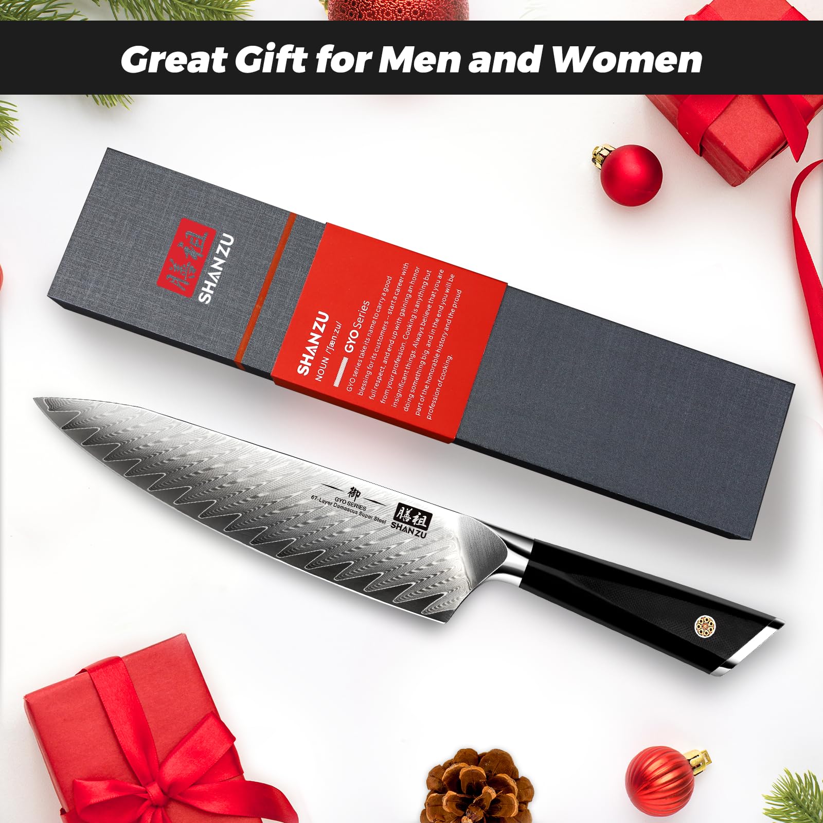 SHAN ZU Damascus 8-inch blade slices meat and vegetables with ease.