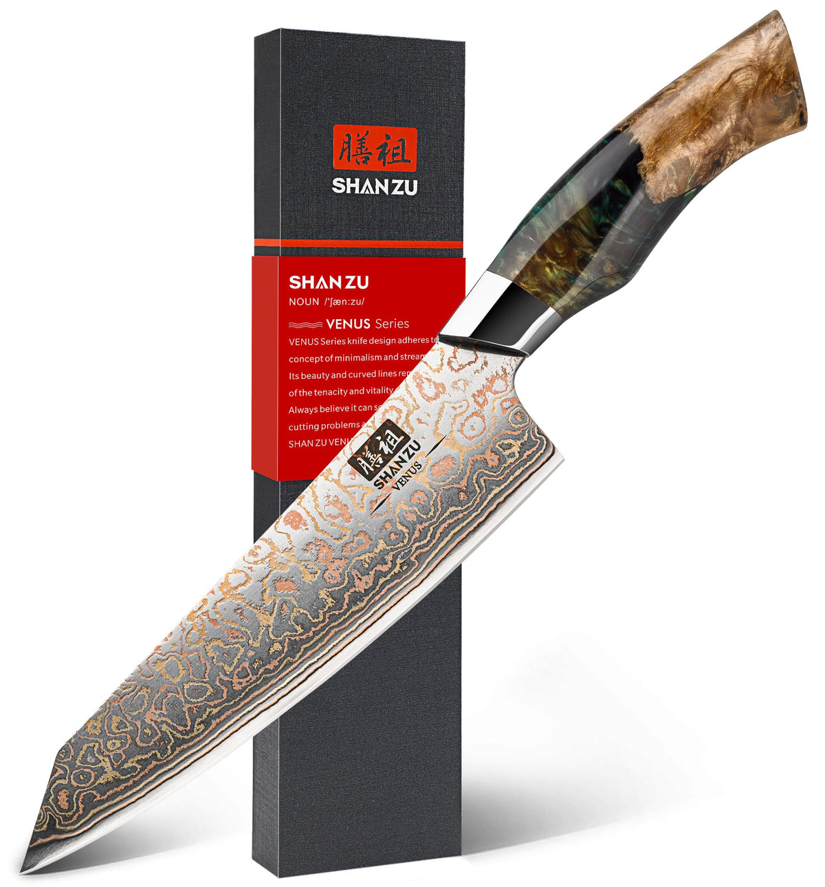 SHAN ZU Damascus knife with 8-inch pattern blade for precise slicing.