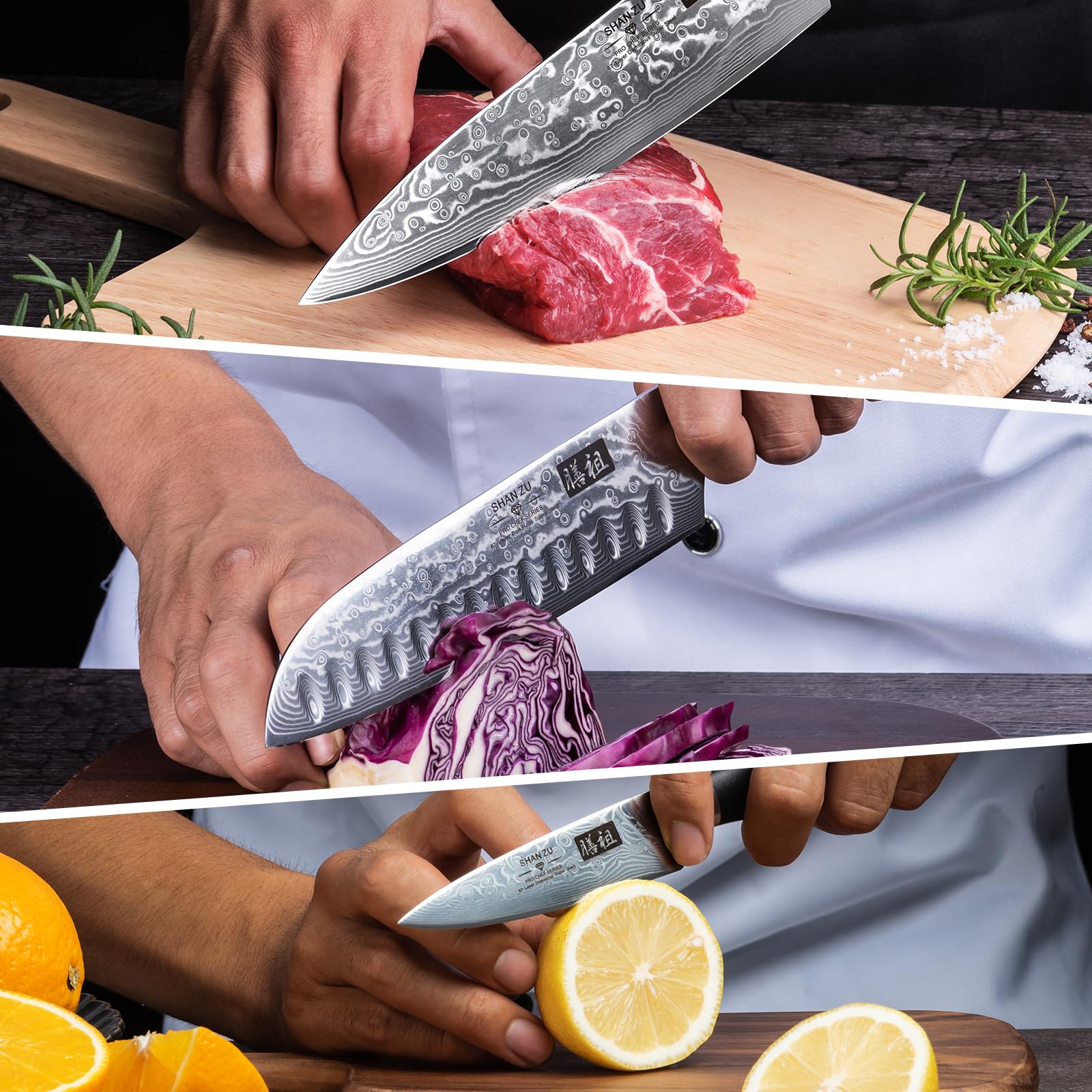 SHAN ZU Damascus knife ergonomic grip supports balanced cutting.