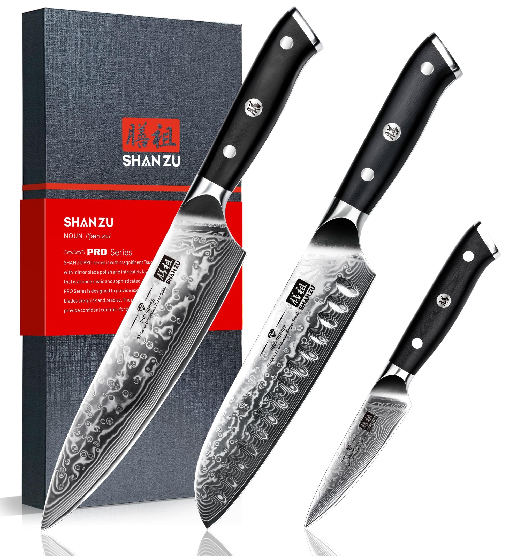 SHAN ZU Damascus knife set blade core shows premium steel for precise cuts.
