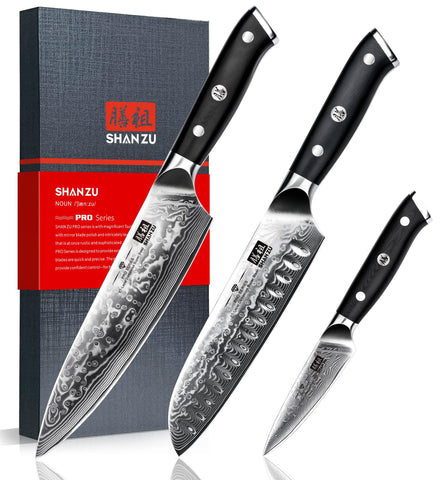 SHAN ZU Damascus knife set blade core shows premium steel for precise cuts.