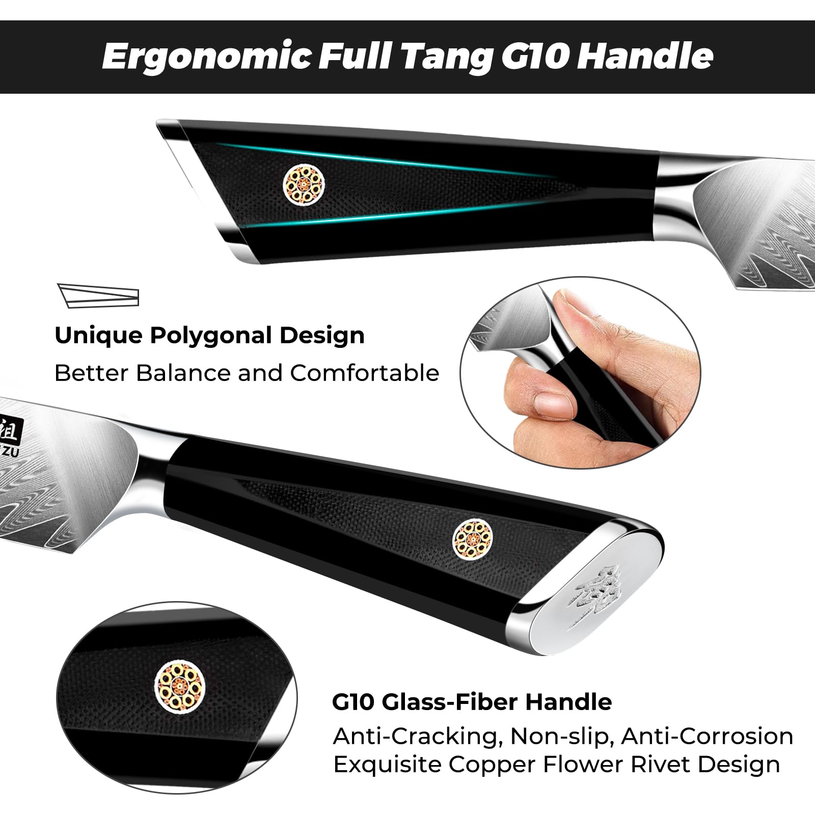SHAN ZU paring knife with G10 handle in ergonomic view for grip.