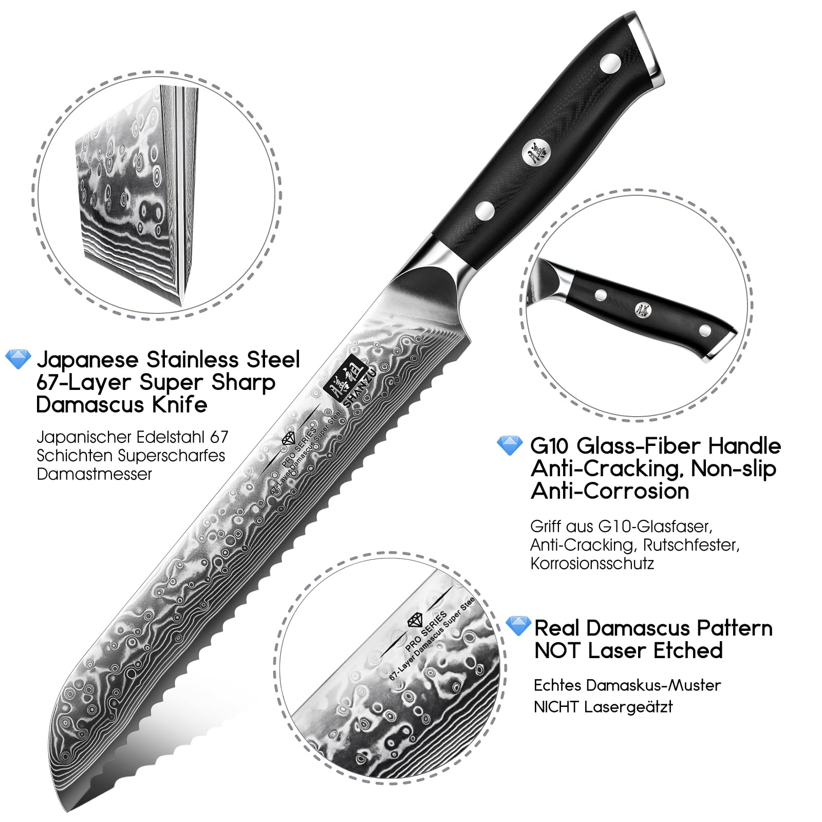 SHAN ZU Damascus blade with 67-layer steel shows a striking layered pattern.