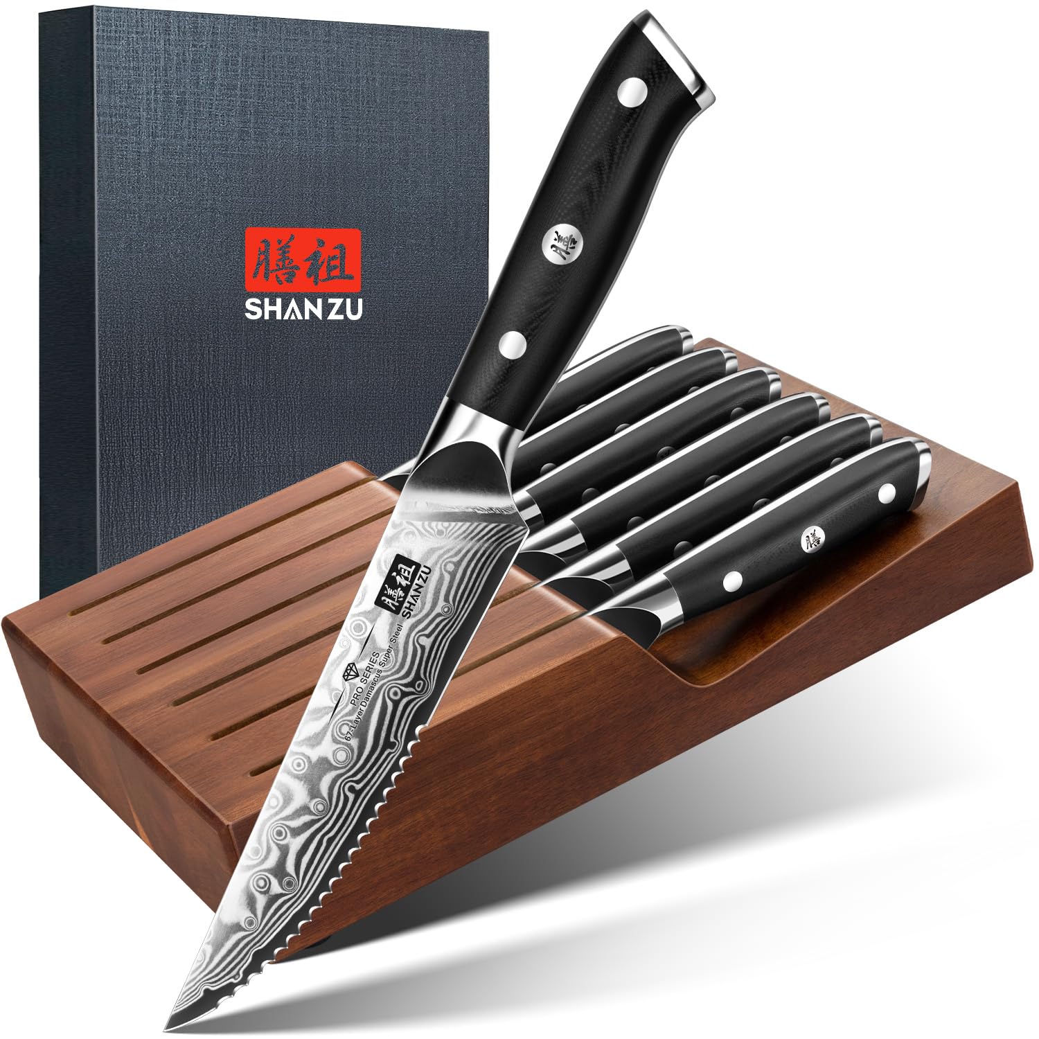 SHAN ZU Damascus steak knife 7pc block front for organized kitchen storage.
