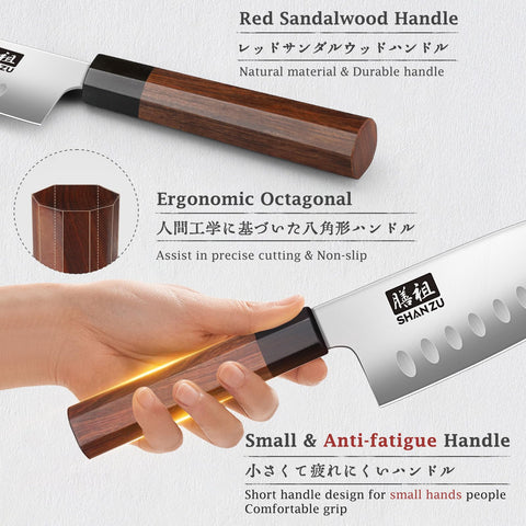 SHAN ZU ergonomic red sandalwood handle emphasizes comfortable grip and precise control