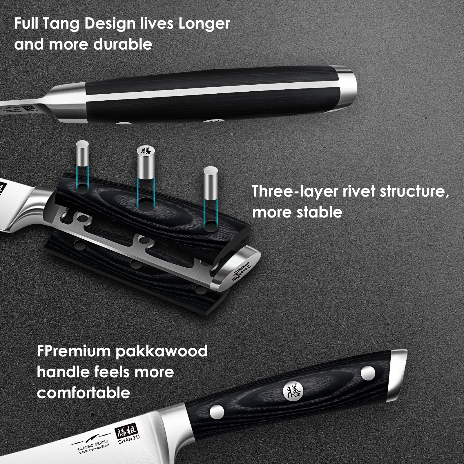 SHAN ZU ergonomic triple-rivet handle ensures secure grip.