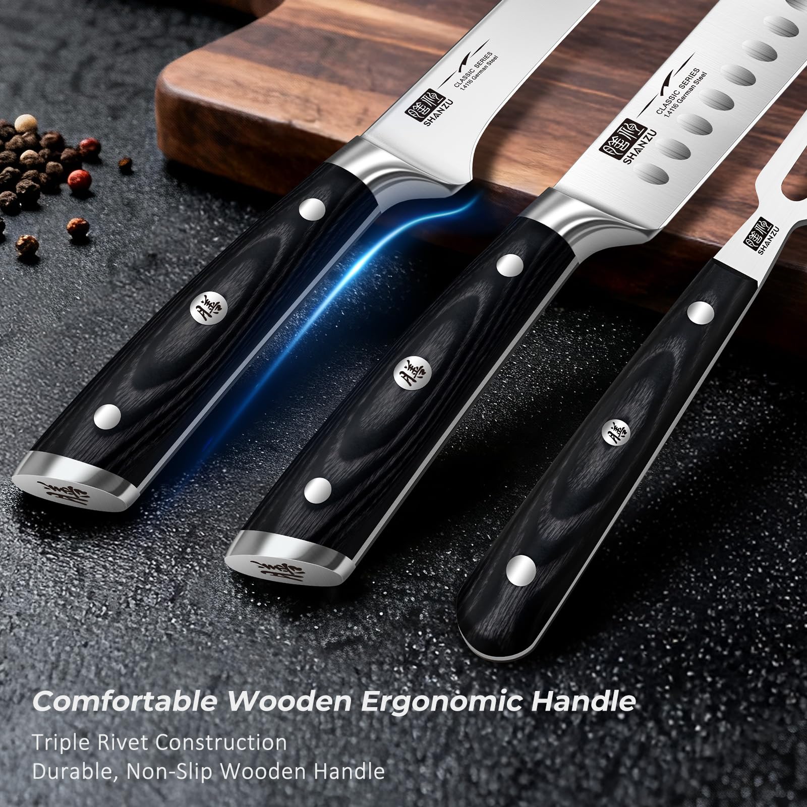 SHAN ZU full-tang Pakkawood handle for balanced grip and safety.