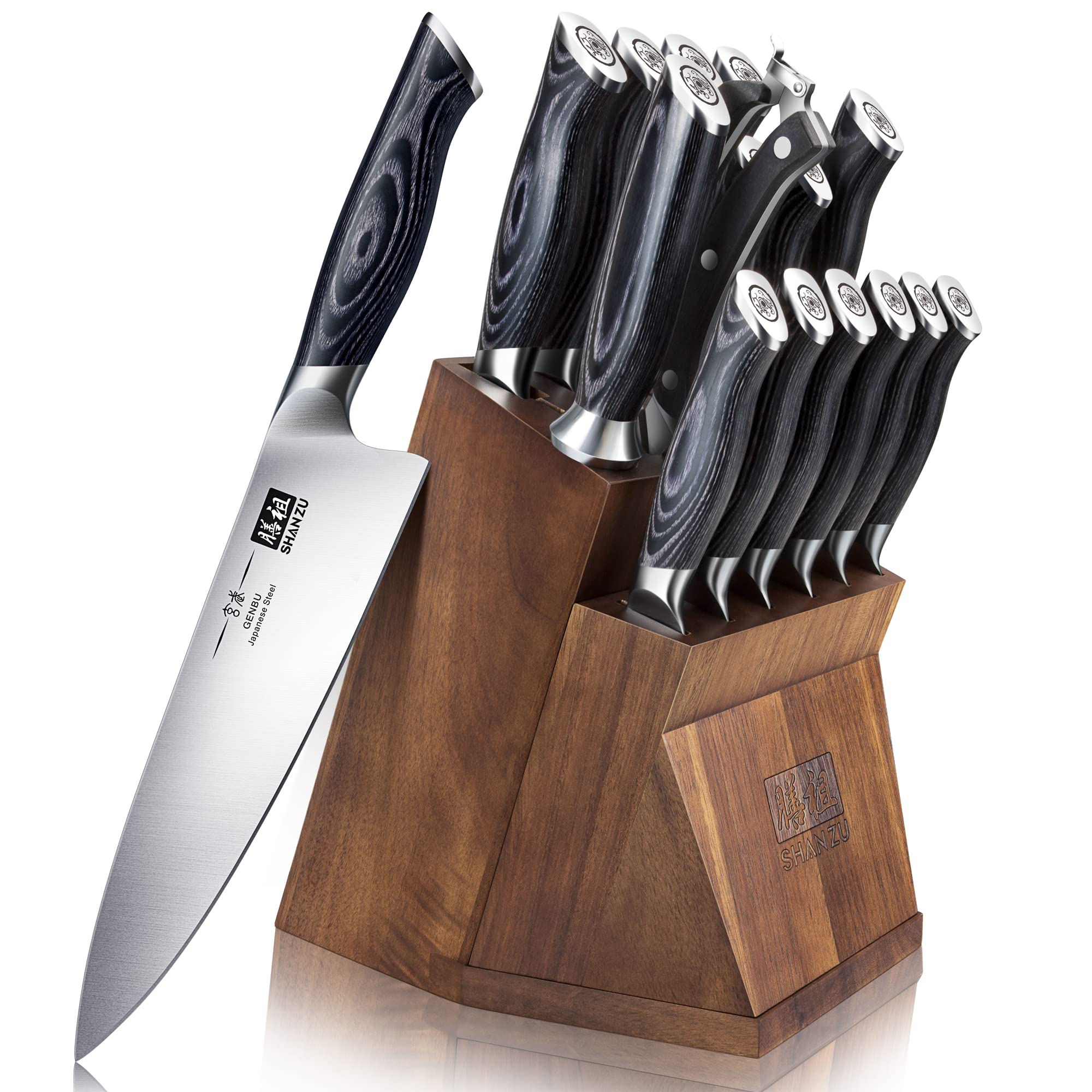 SHAN ZU Genbu knife block set showcasing a complete blade lineup for versatile meals.