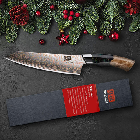 SHAN ZU gift box included with Damascus knife for gifting or display.