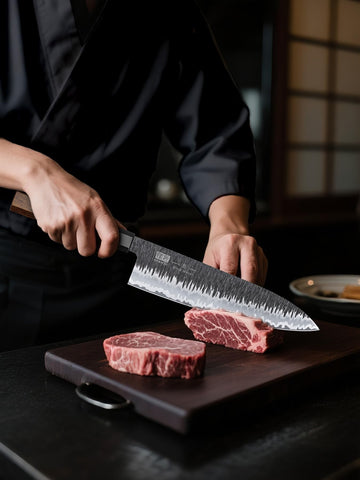 SHAN ZU blade showcases 9-layer clad steel core and modern hammer texture.