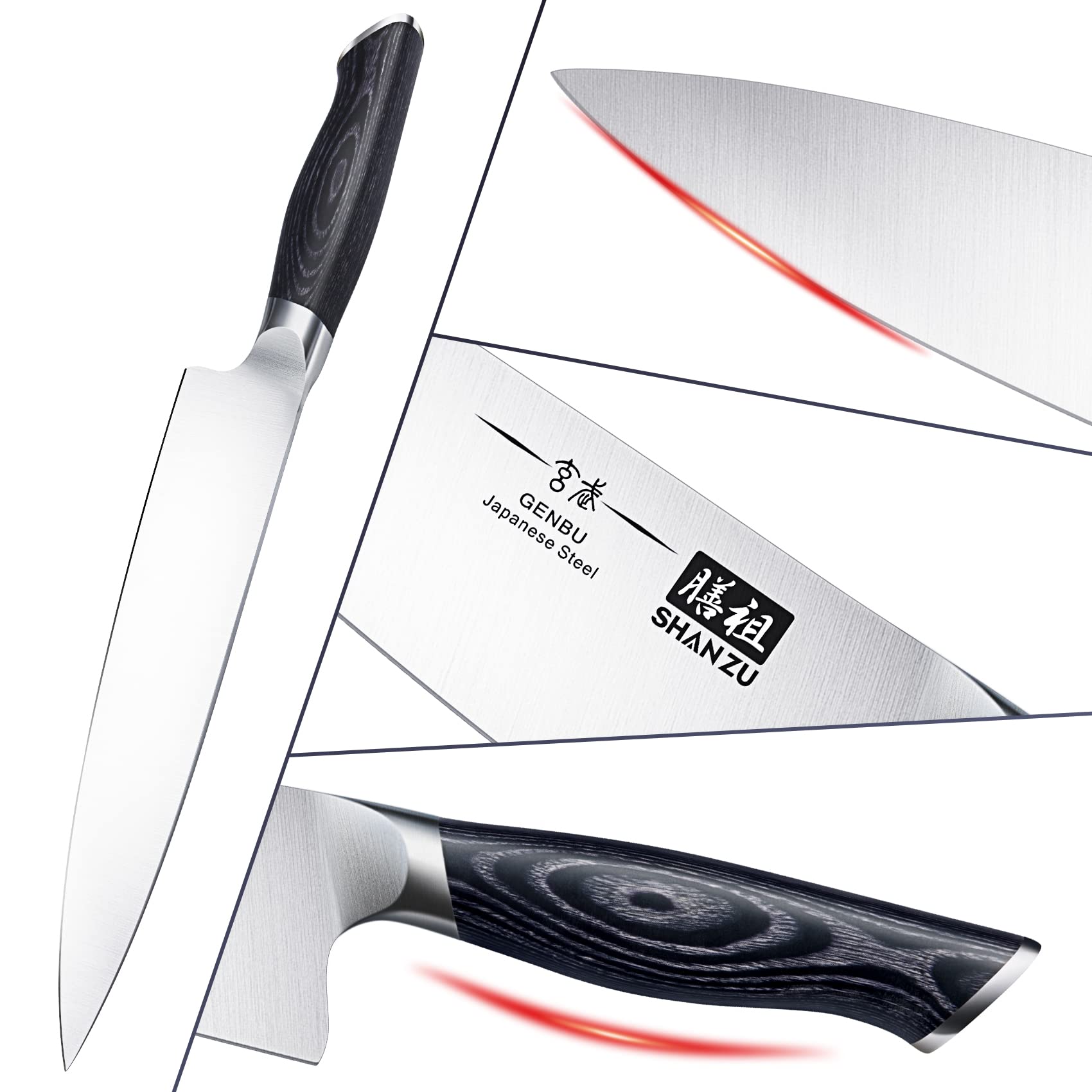 SHAN ZU Japanese super steel blade close view emphasizes edge retention and durability.