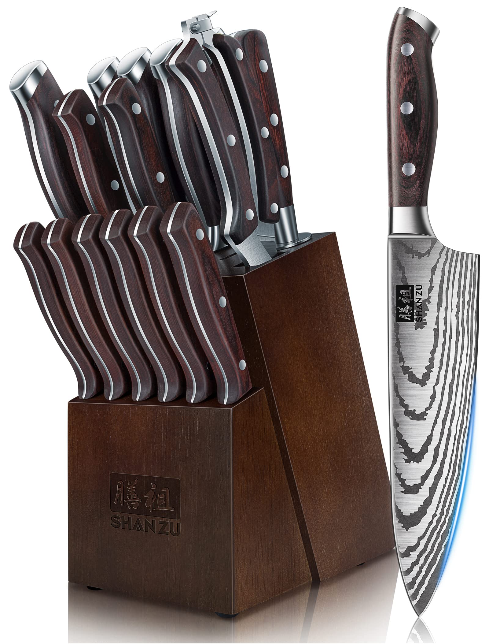 SHAN ZU 16-piece knife set in block for easy access and organization.