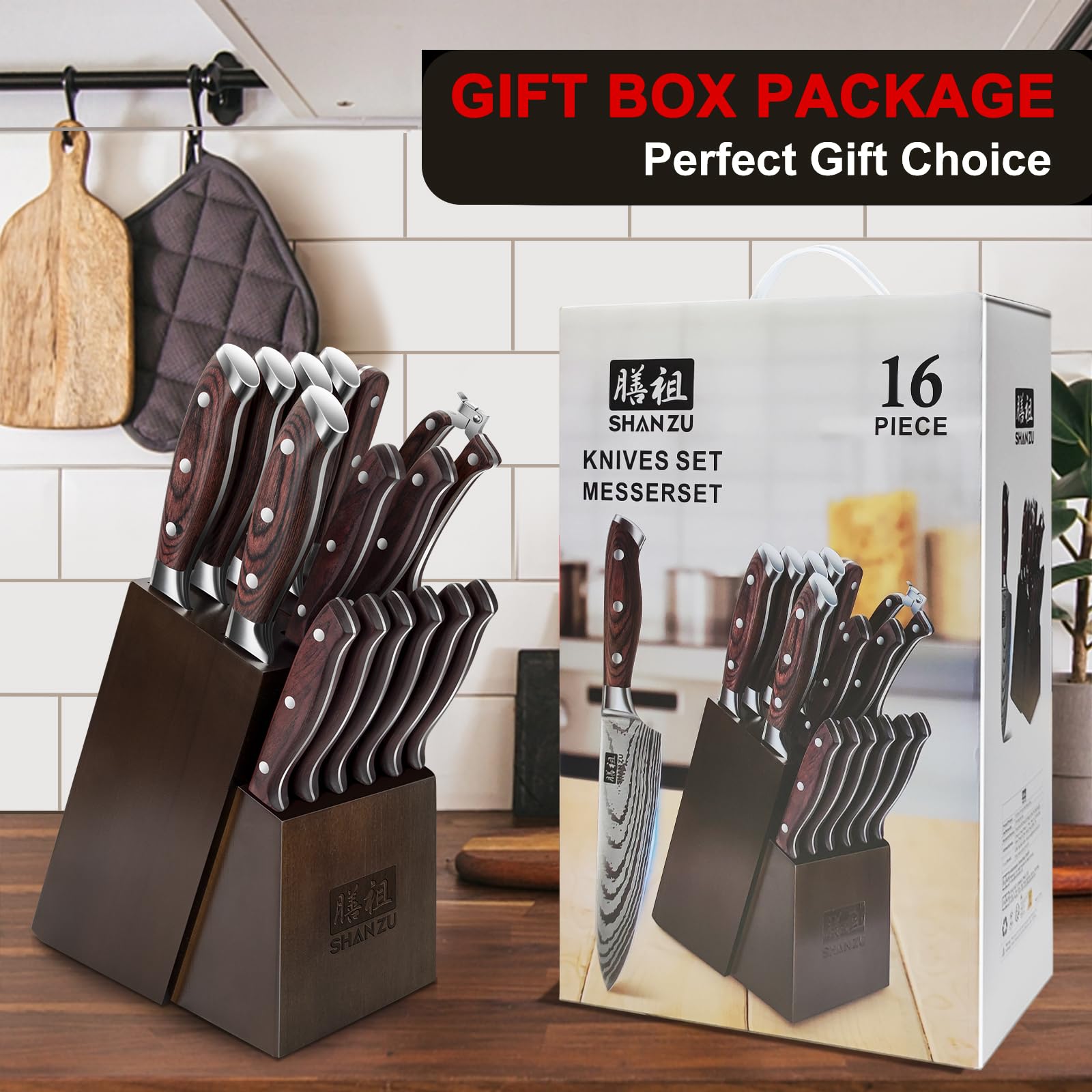 SHAN ZU knife sharpener and scissors included for maintenance.