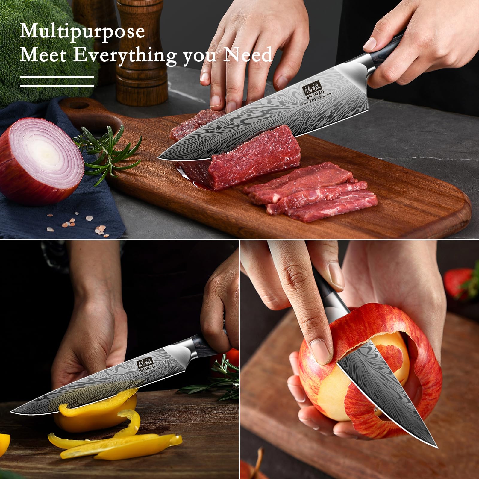 SHAN ZU laser-engraved pattern blade adds professional kitchen aesthetics.