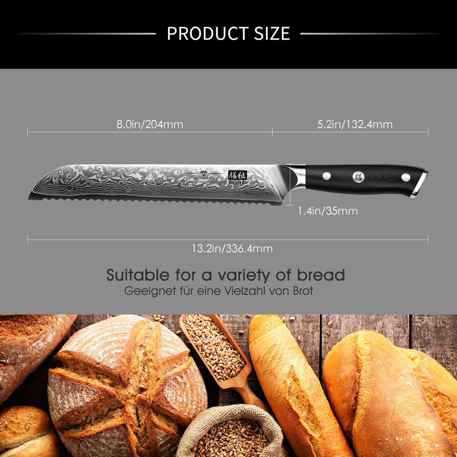 SHAN ZU serrated bread knife 8in cuts crusts with minimal tearing.