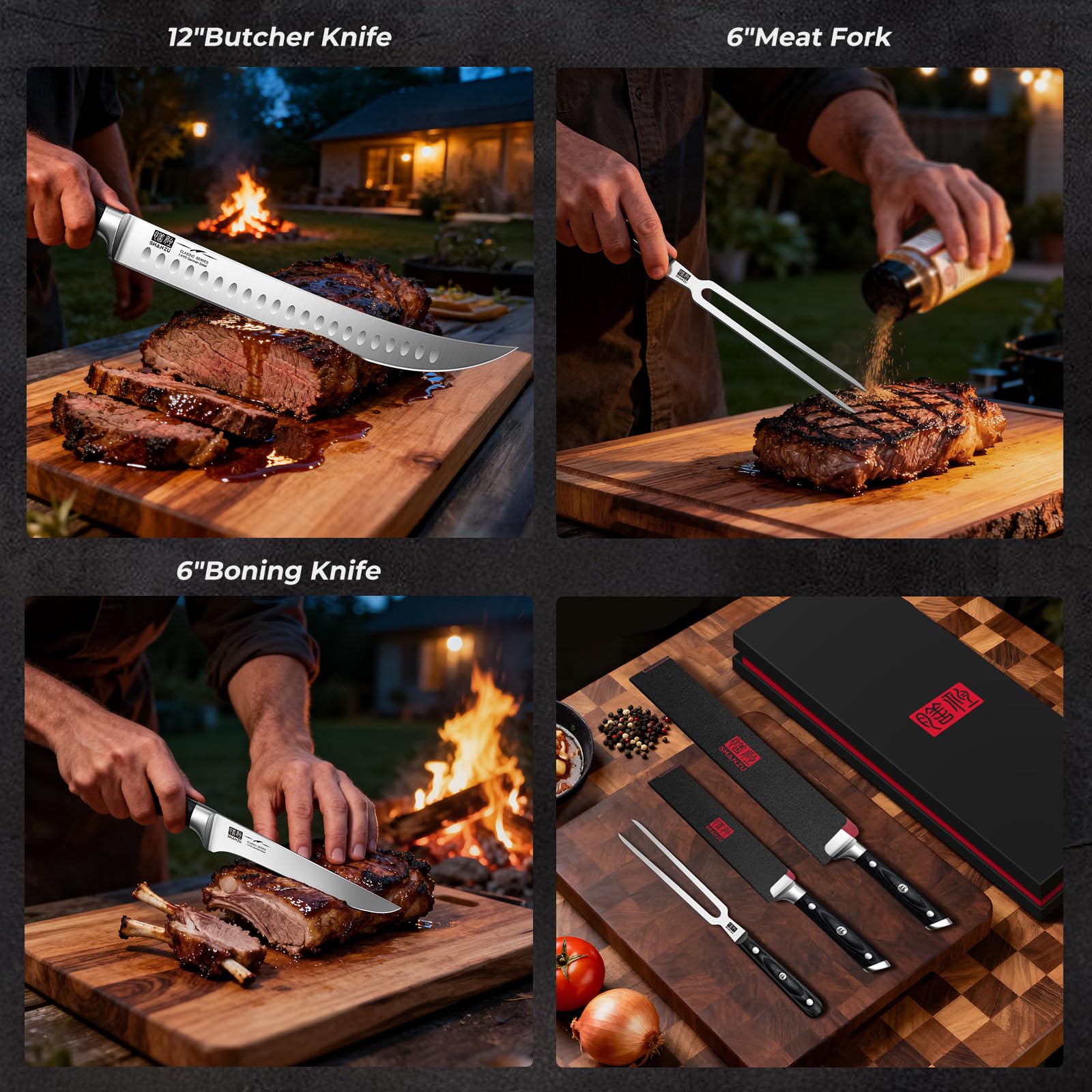 SHAN ZU set in use on turkey and roast with clean cuts.