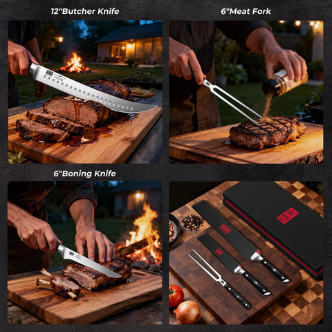 SHAN ZU set in use on turkey and roast with clean cuts.