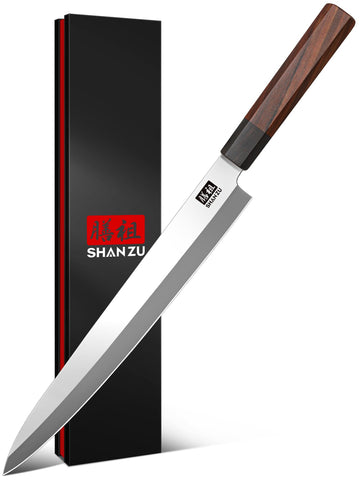SHAN ZU sushi knife blade closeup shows ultra-sharp edge for precise slicing