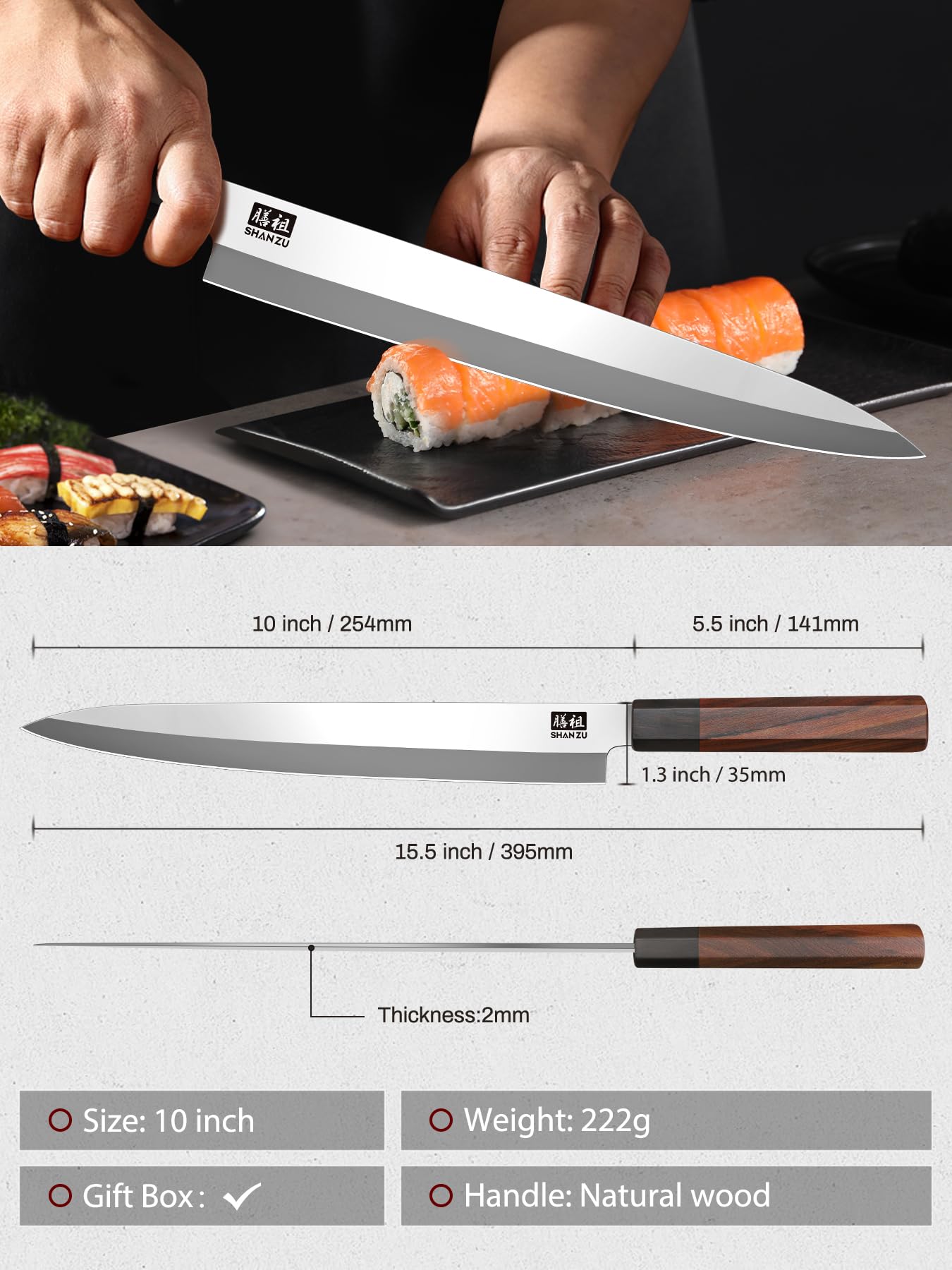 SHAN ZU sushi knife edge closeup demonstrates easy resharpening and lasting sharpness