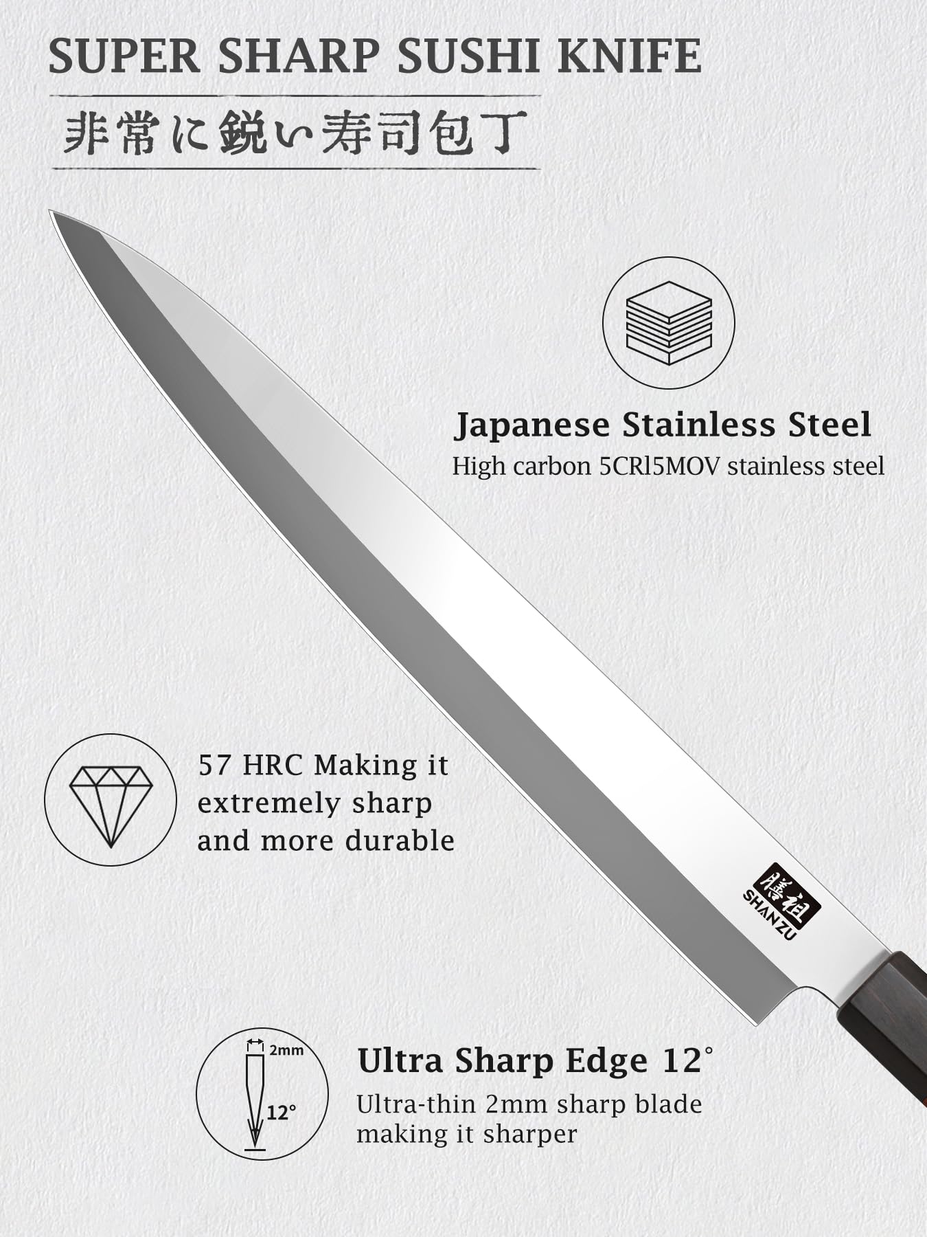 SHAN ZU sushi knife handle closeup highlights octagonal red sandalwood grip for comfort