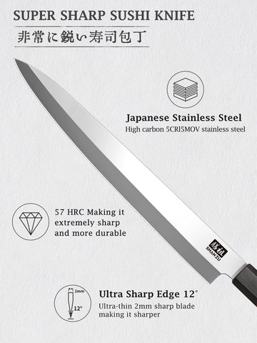 SHAN ZU sushi knife handle closeup highlights octagonal red sandalwood grip for comfort