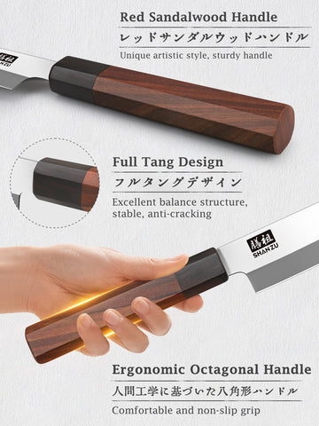 SHAN ZU sushi knife on cutting board emphasizes rust-resistant steel