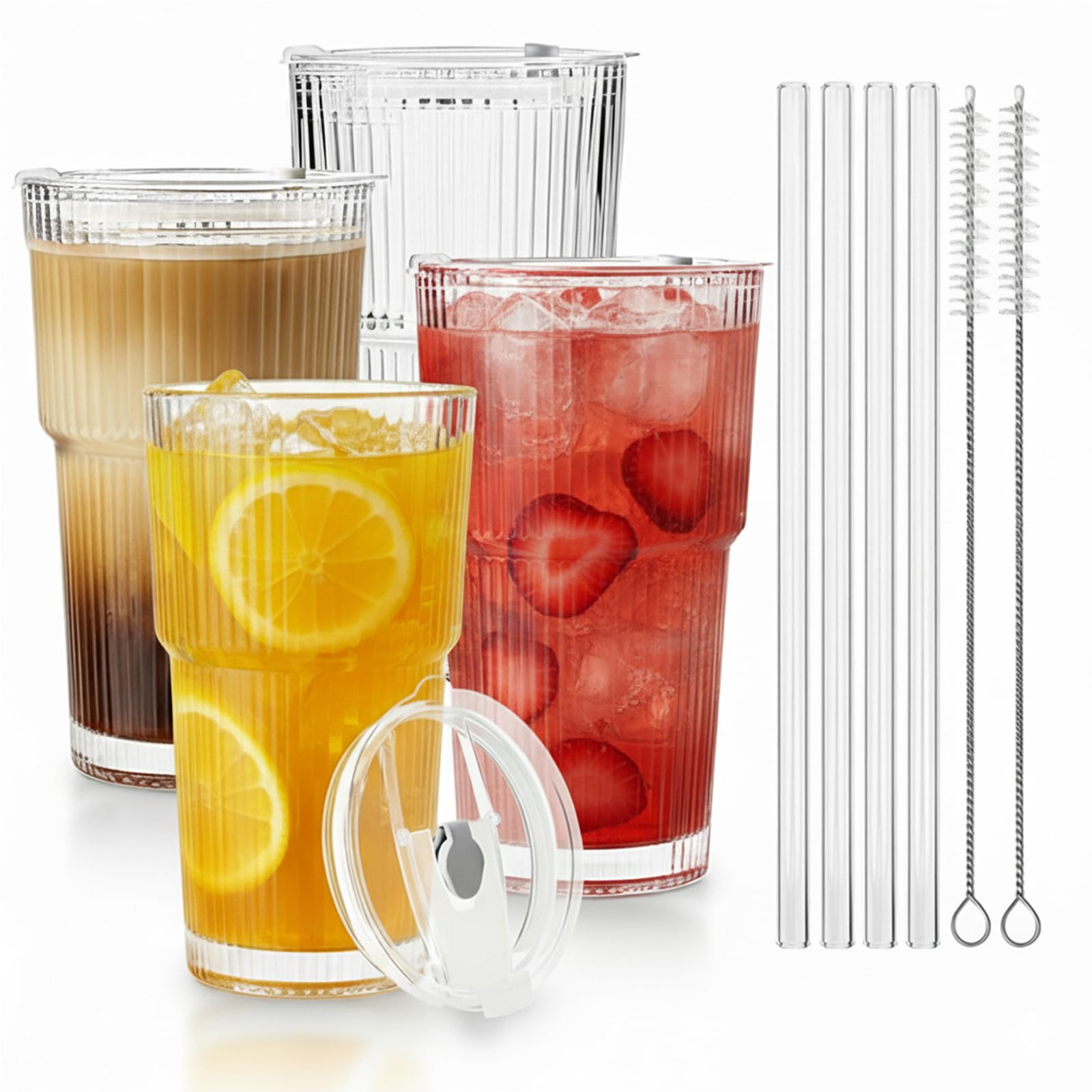 SHANDERBAR 20oz ribbed glass tumbler with lid, ideal for iced coffee on the go.
