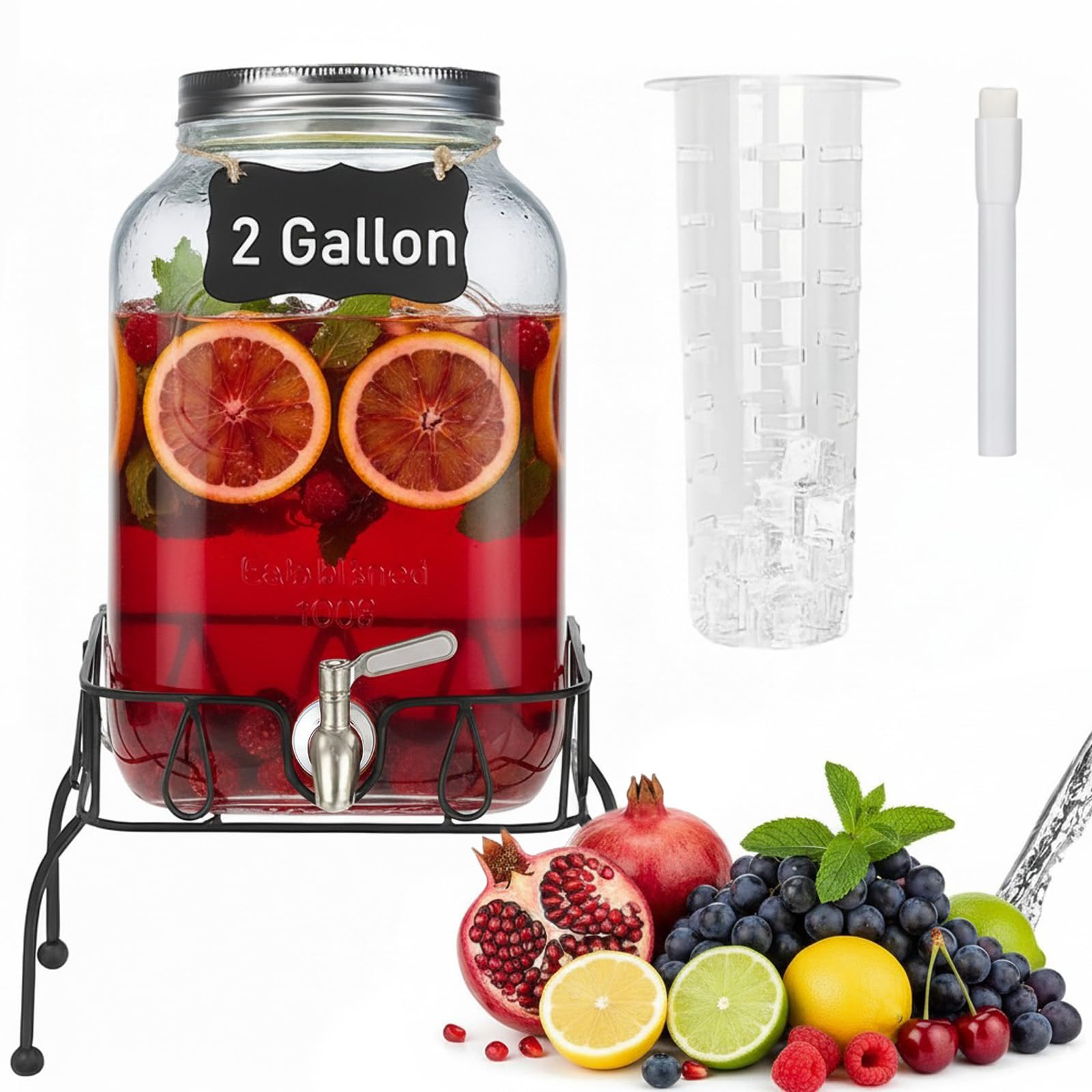 SHANDERBAR 2-Gallon Glass Dispenser on a stylish stand, ready for party tables.