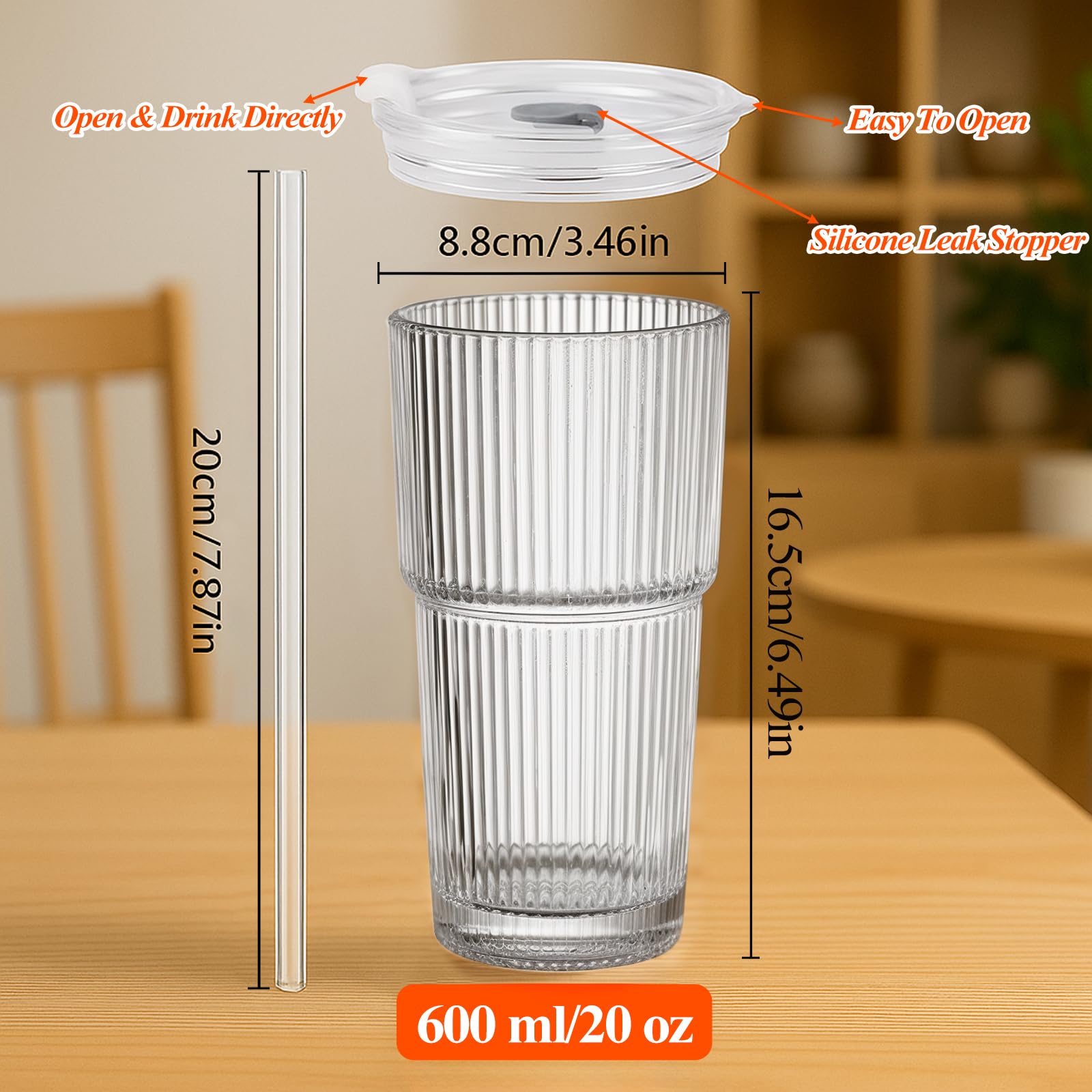 SHANDERBAR leakproof lid and glass straw, convenient for travel and desk use.