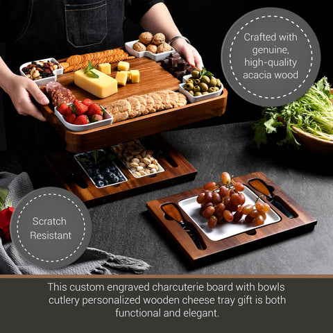 Shanik acacia board square with ceramic plates enhances serving variety