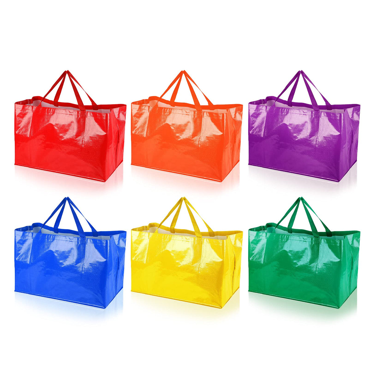 Shappy six-piece extra-large colorful woven bag set with sturdy handles for heavy shopping.